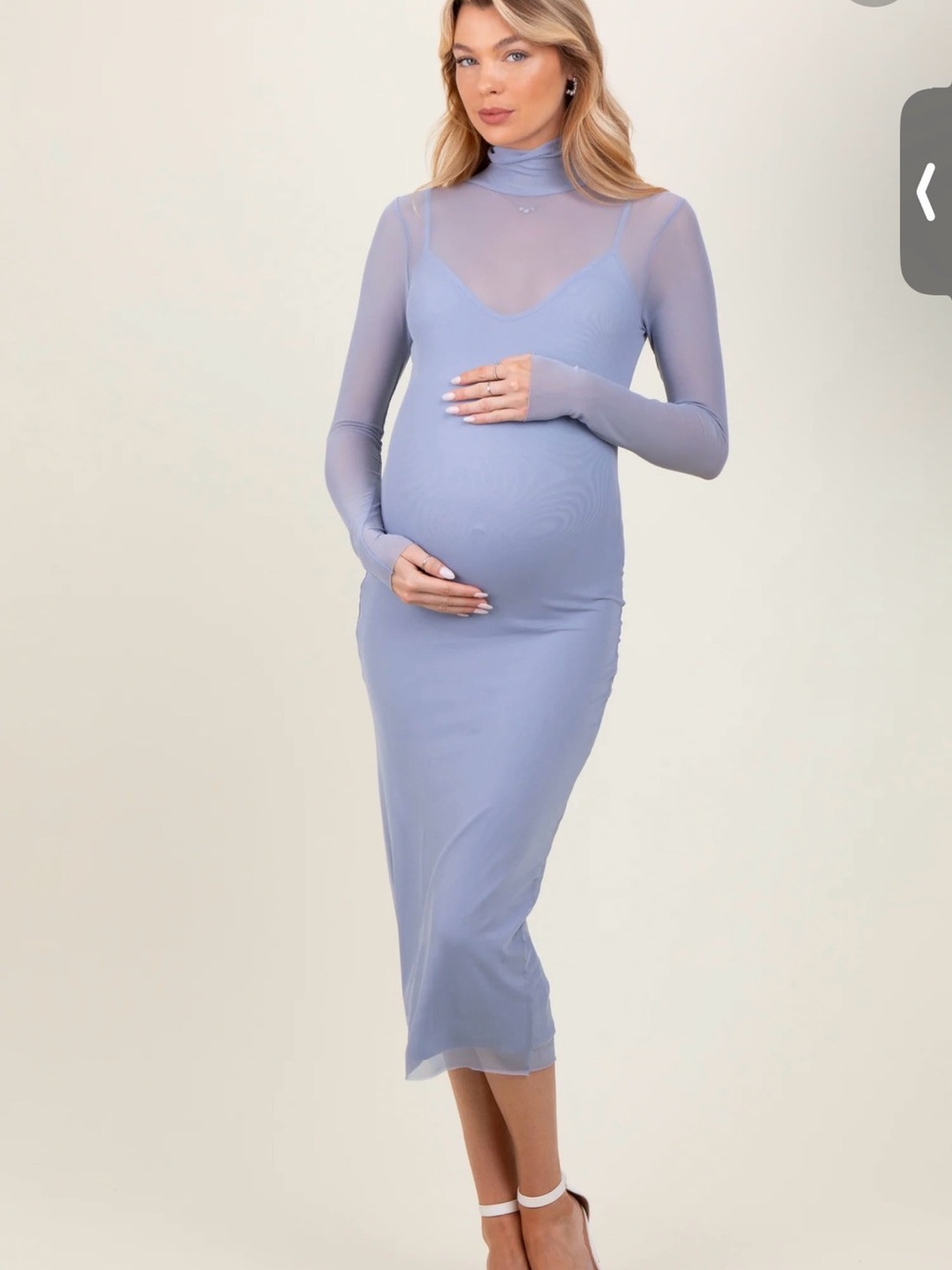 Powder Blue Long-Sleeve Mesh Overlay Maternity Midi Dress - Pinkblush - Picture 2 of 6
